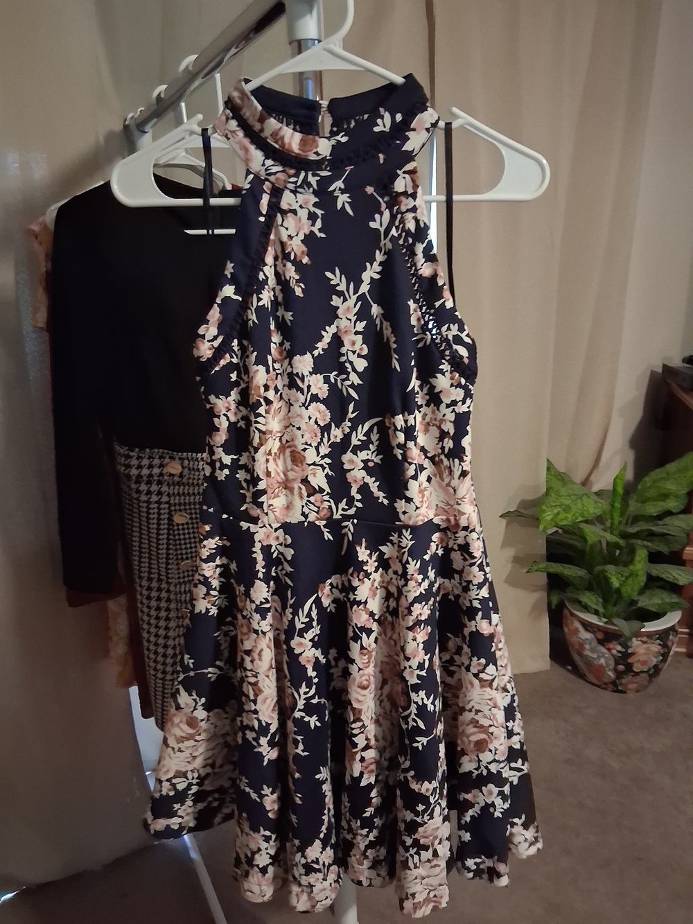 B Darlin Navy and Blush Floral Halter Midi Dress